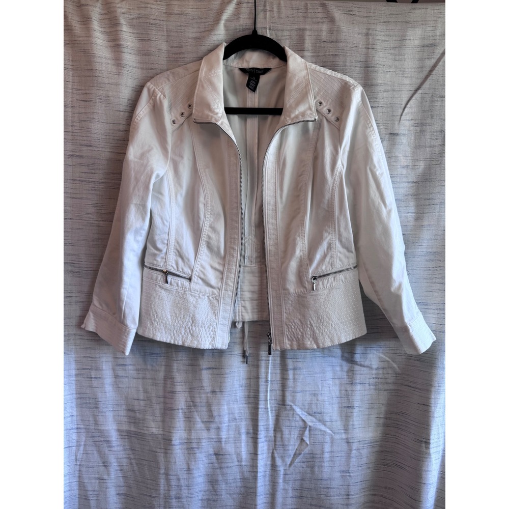 White House Black Market White Denim Moto Jacket Lace Up Back Size 10